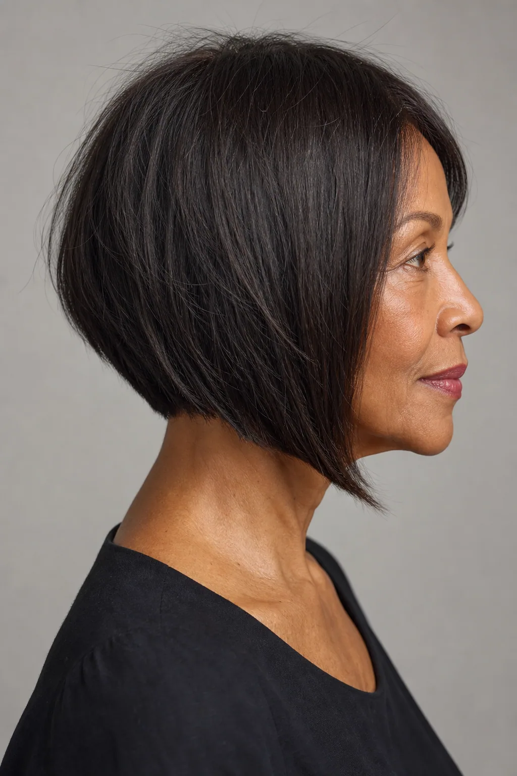 A-line bob angled longer at the front and shorter at the back on fine thin hair