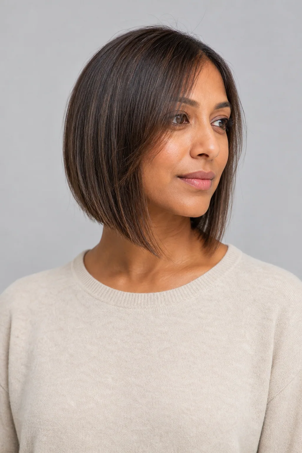 A-line bob angled longer at the front on fine straight brown hair