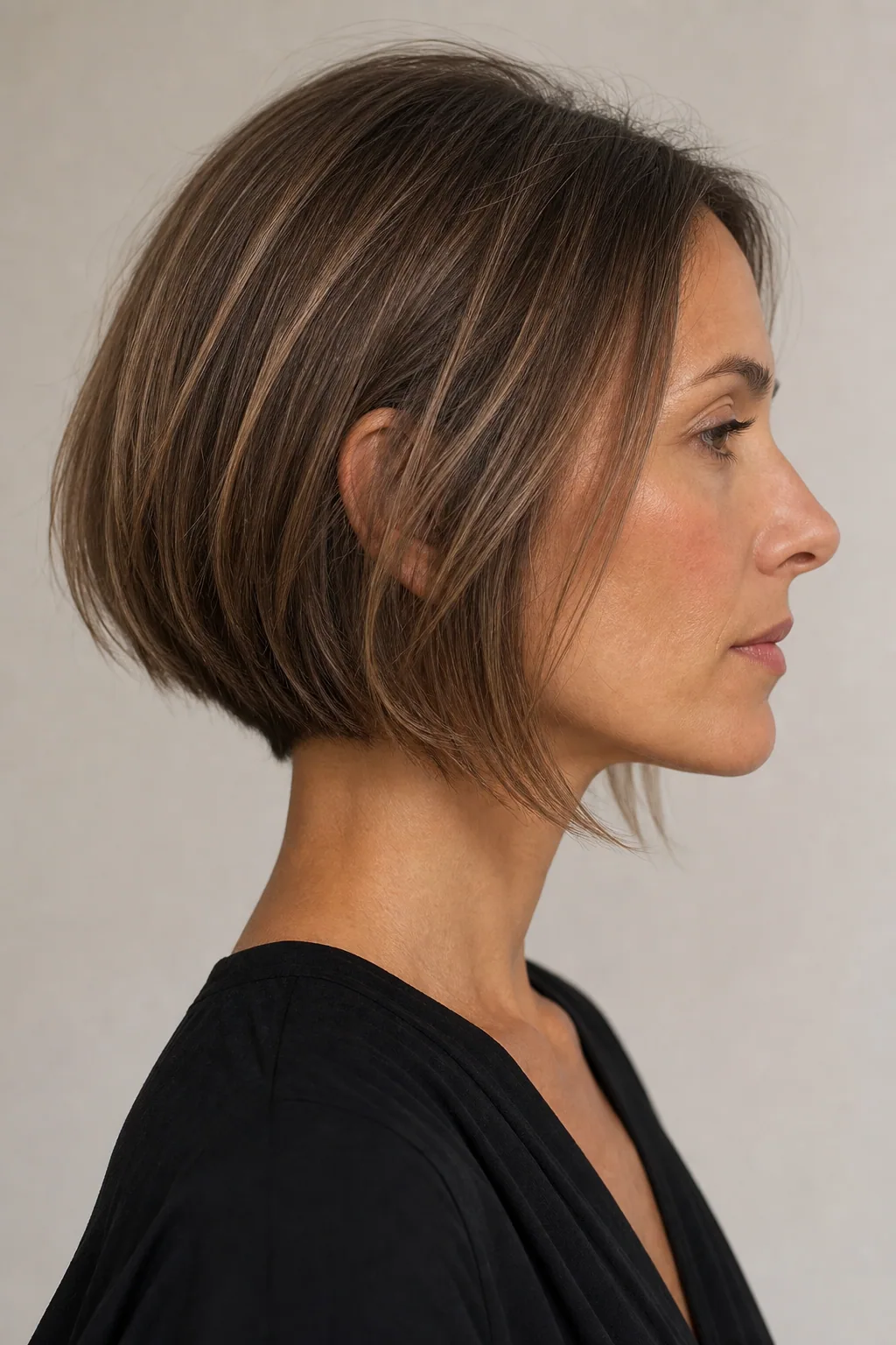 Fine hair in a soft A-line bob, shorter at the back and angling longer toward the chin, side profile