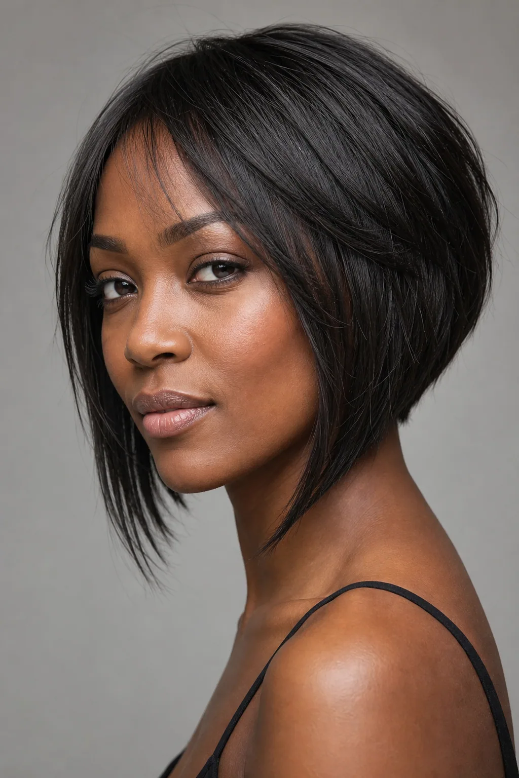 A-line layered bob angled longer toward the front with hidden layers on fine hair