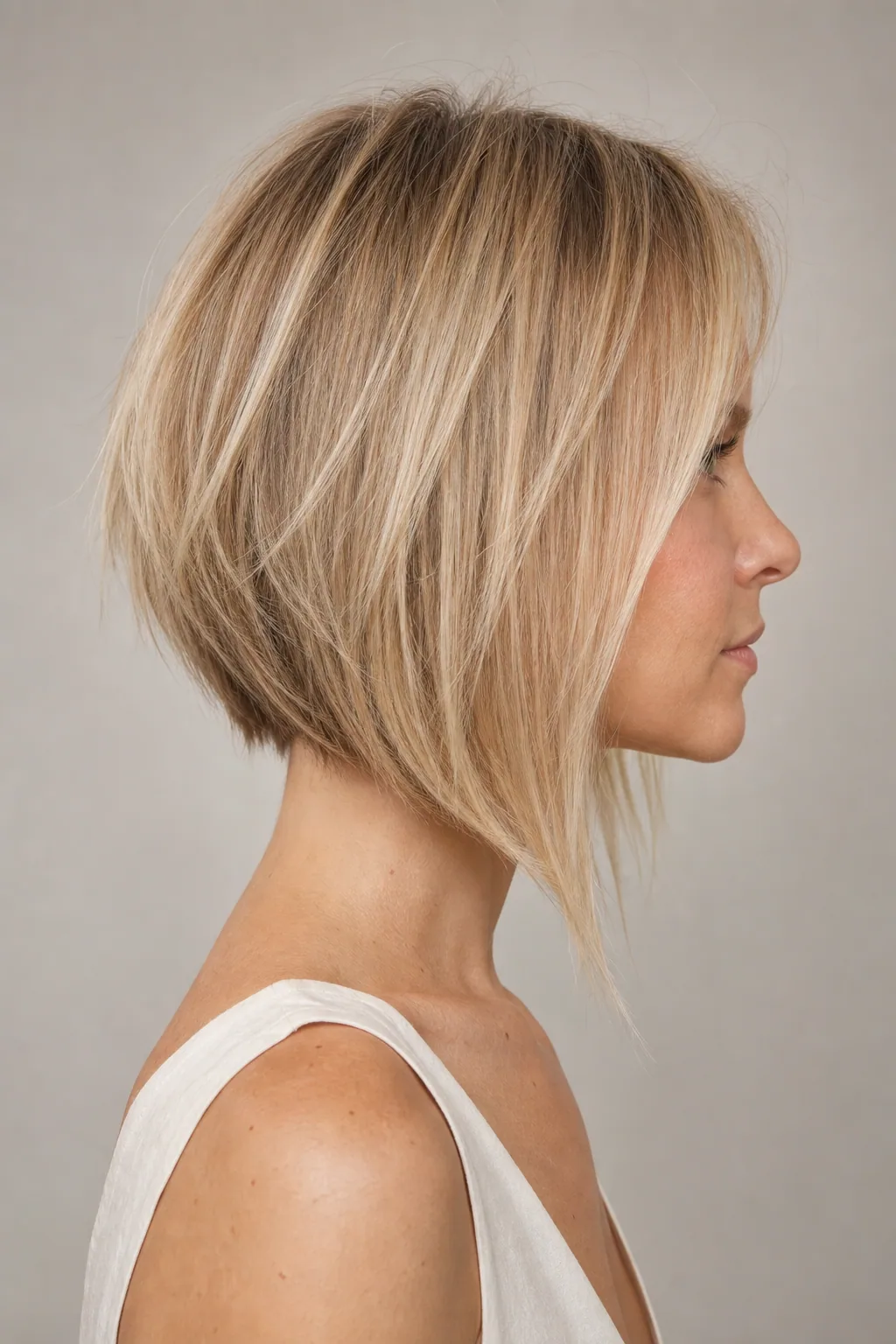 A-line lob angled longer toward the front and shorter at the back on fine blonde hair
