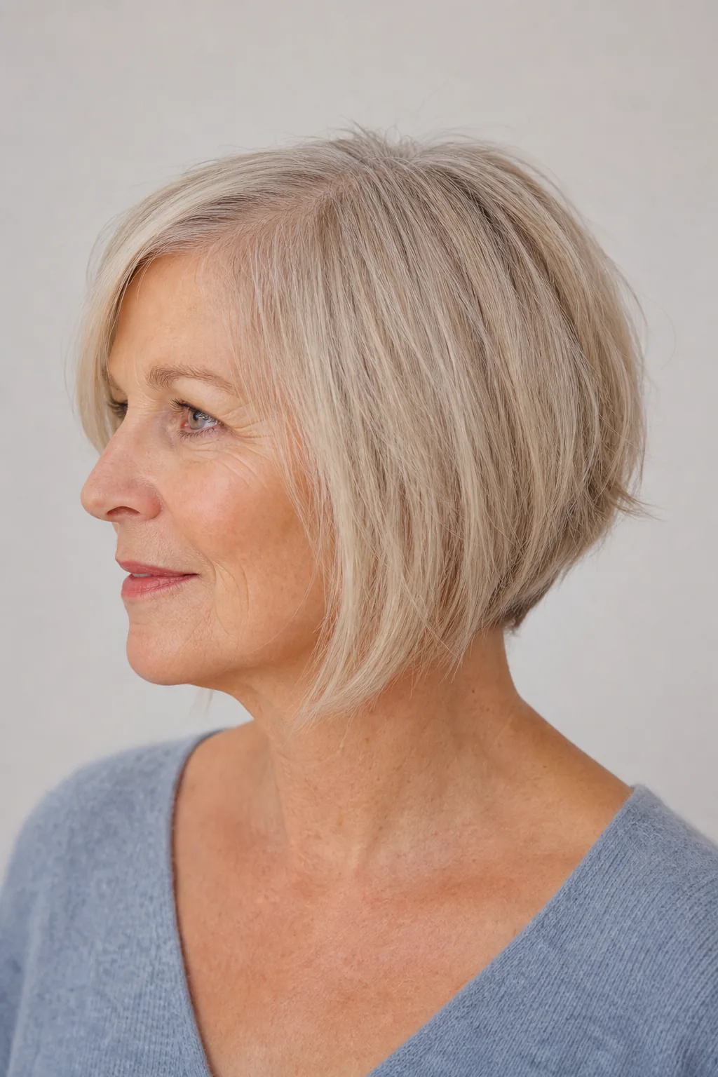 Angled A-line mini bob shorter at the back on fine straight thin blonde-grey hair over 60