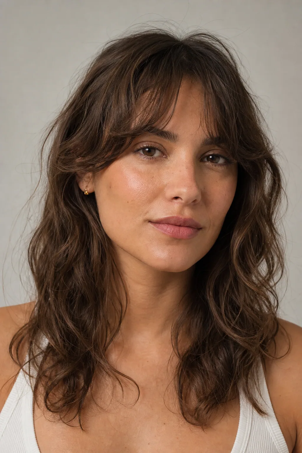 Air-dried curtain bangs on fine wavy hair with natural texture keeping them off the forehead