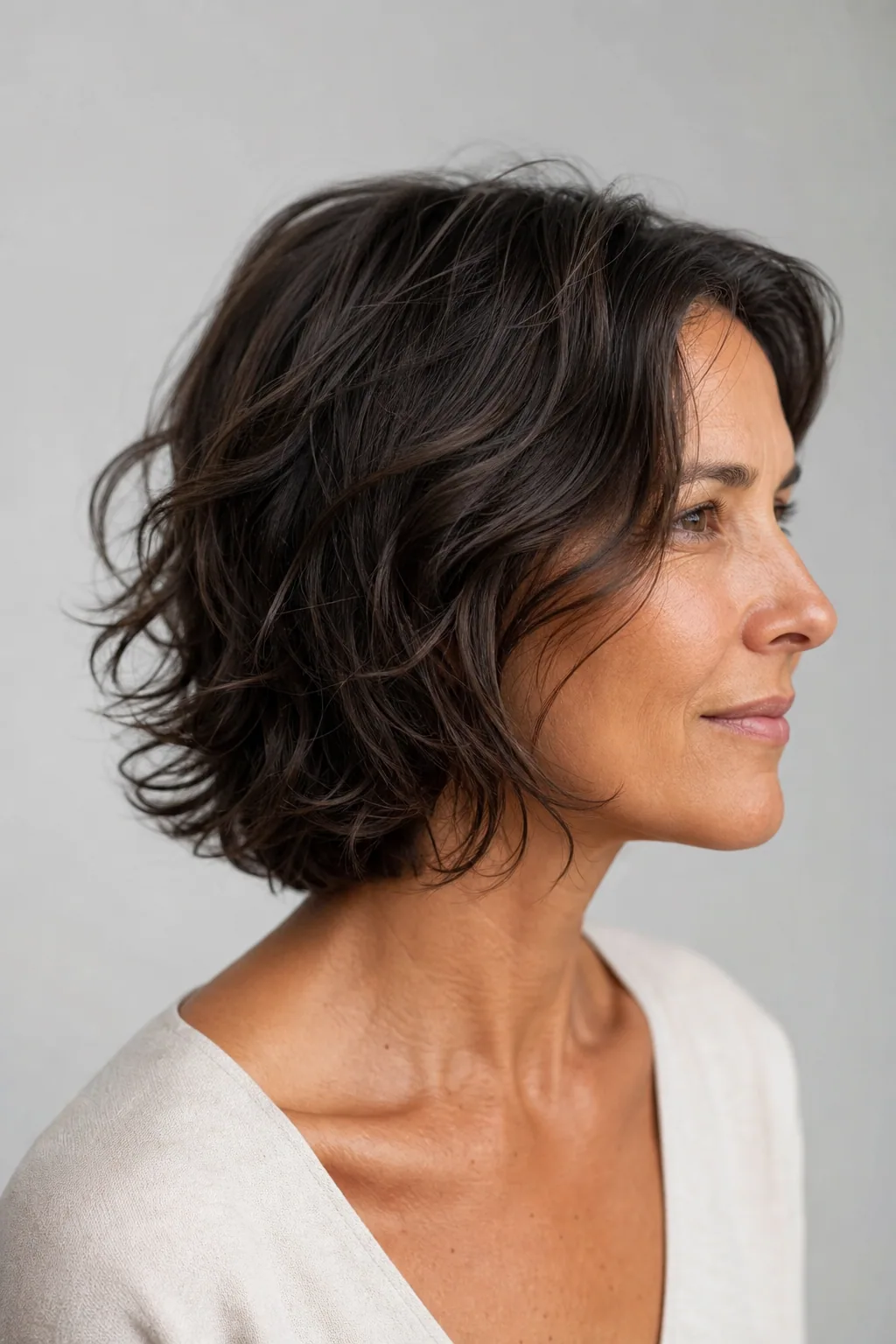 Air-dried layered bob cut to the natural wave with foam-scrunched texture on fine wavy hair