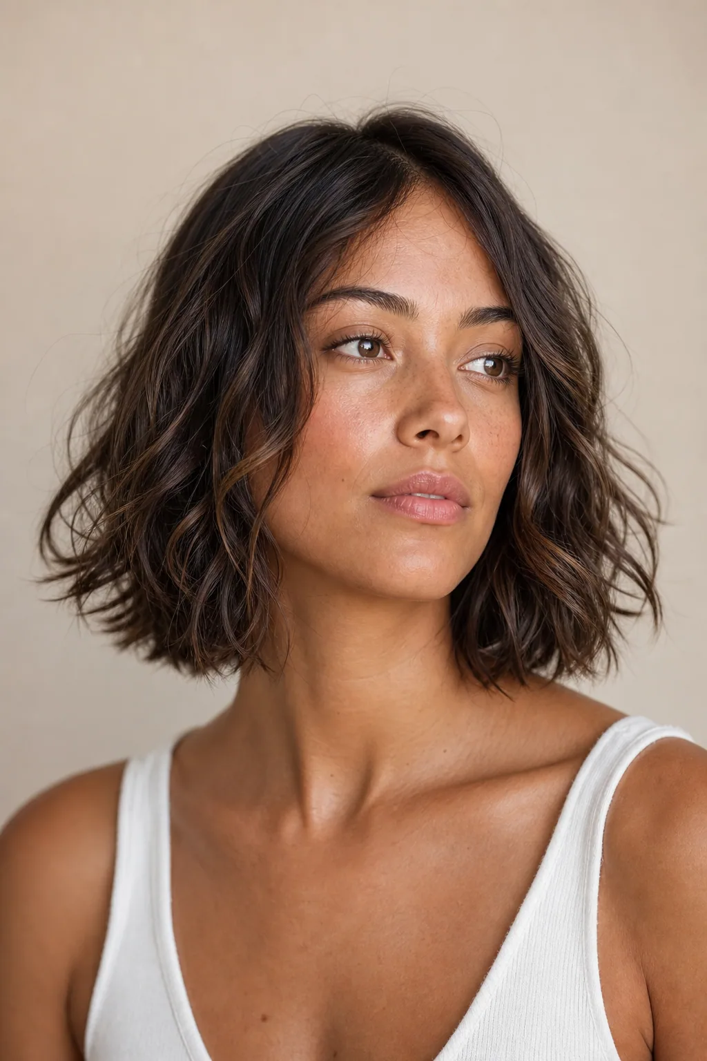 Air-dried lob with a natural bend and foam-scrunched texture on fine wavy hair