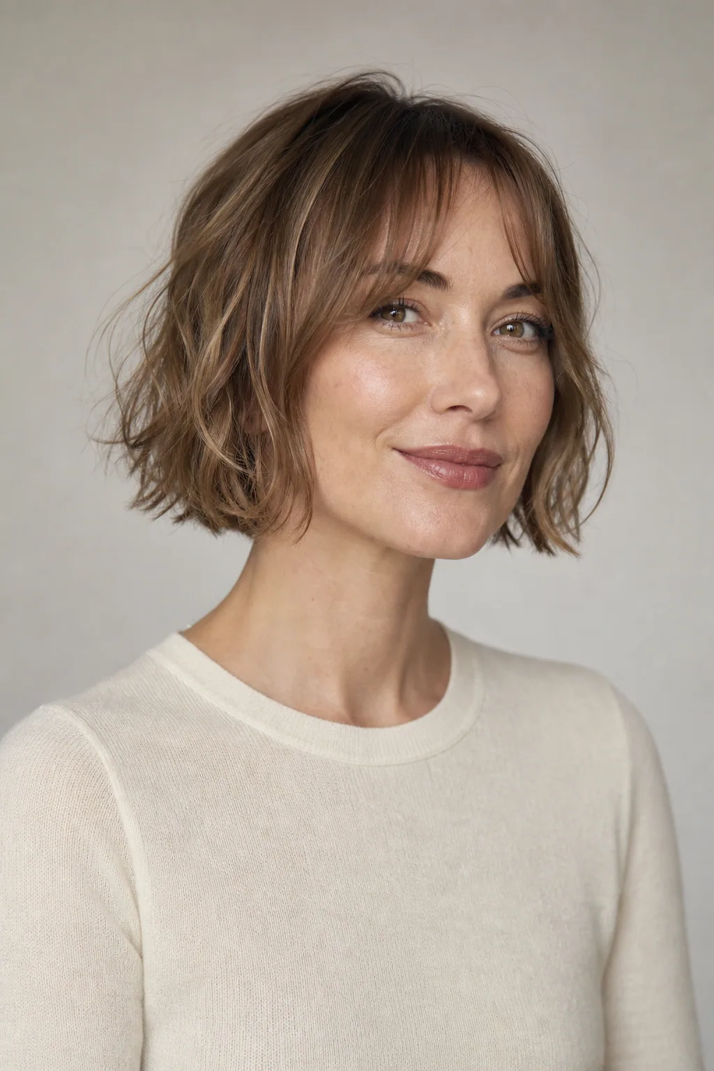 Air-dried wavy bob with curtain bangs on fine light-brown hair