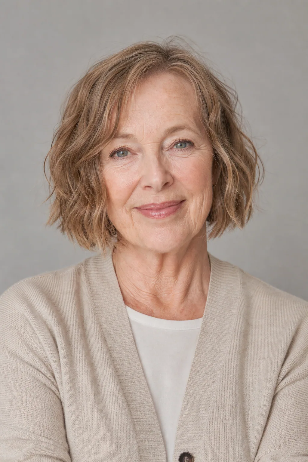 Air-dried wavy jaw-length bob on fine light-brown hair over 60