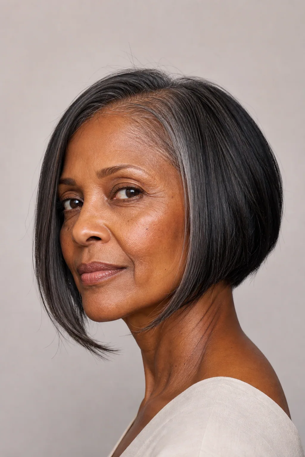 Angled A-line bob longer at the front on fine straight thin hair over 60