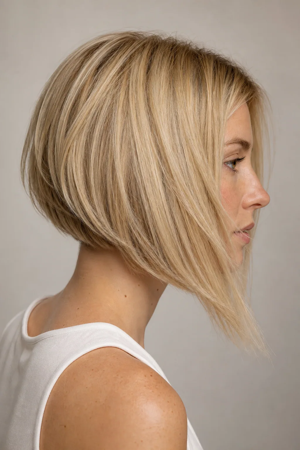 Angled A-line bob longer at the front and shorter at the back on fine straight blonde hair