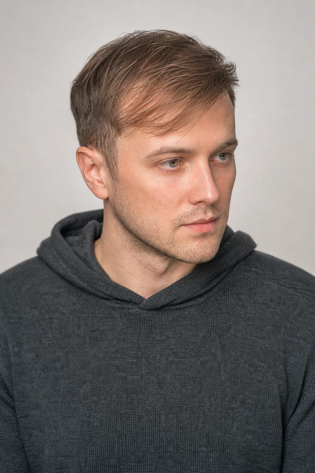 Short cut with a diagonal fringe swept across a receding hairline