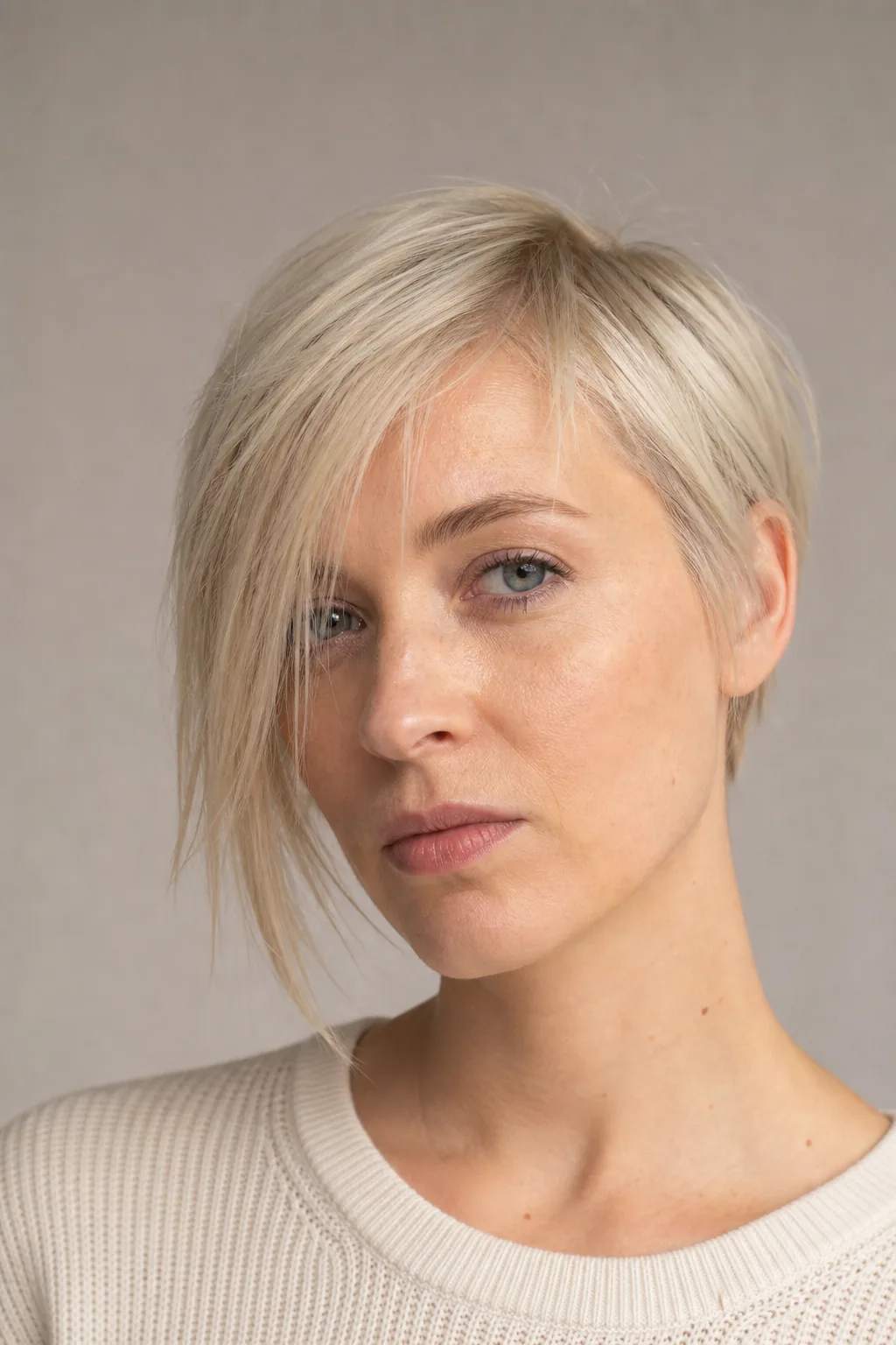 Asymmetric long pixie with one side longer angling across the face on fine straight hair