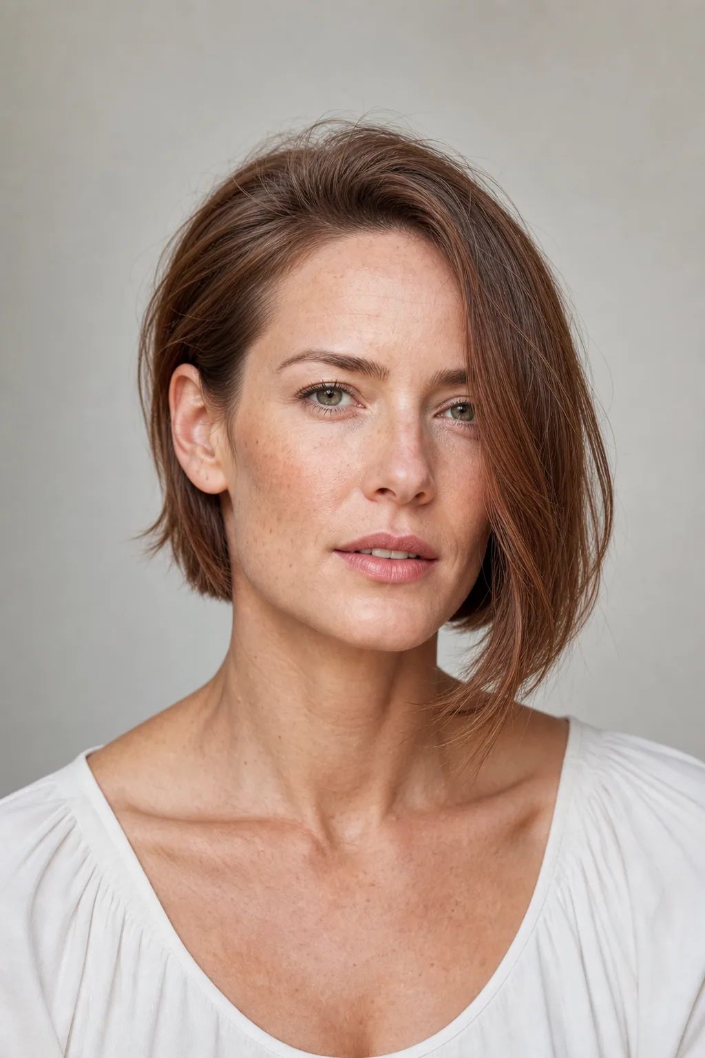 Shoulder-length fine hair worn with one side tucked and the other falling forward over the jaw, asymmetric, front view