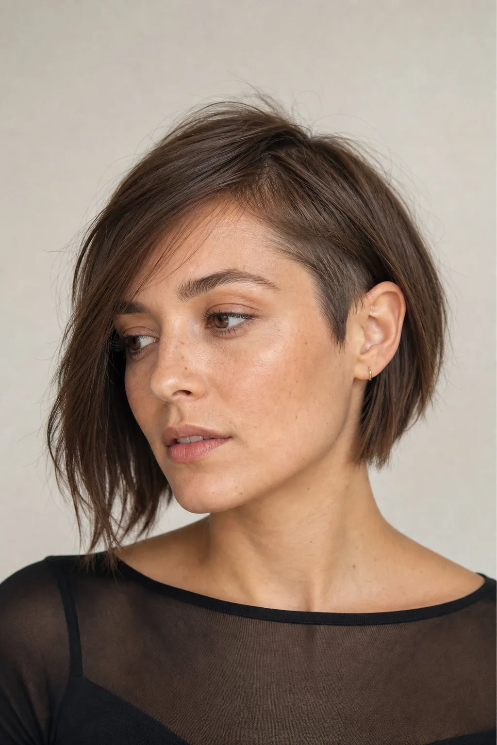 Short crop with a subtle undercut behind one ear only, fine hair, asymmetric styling