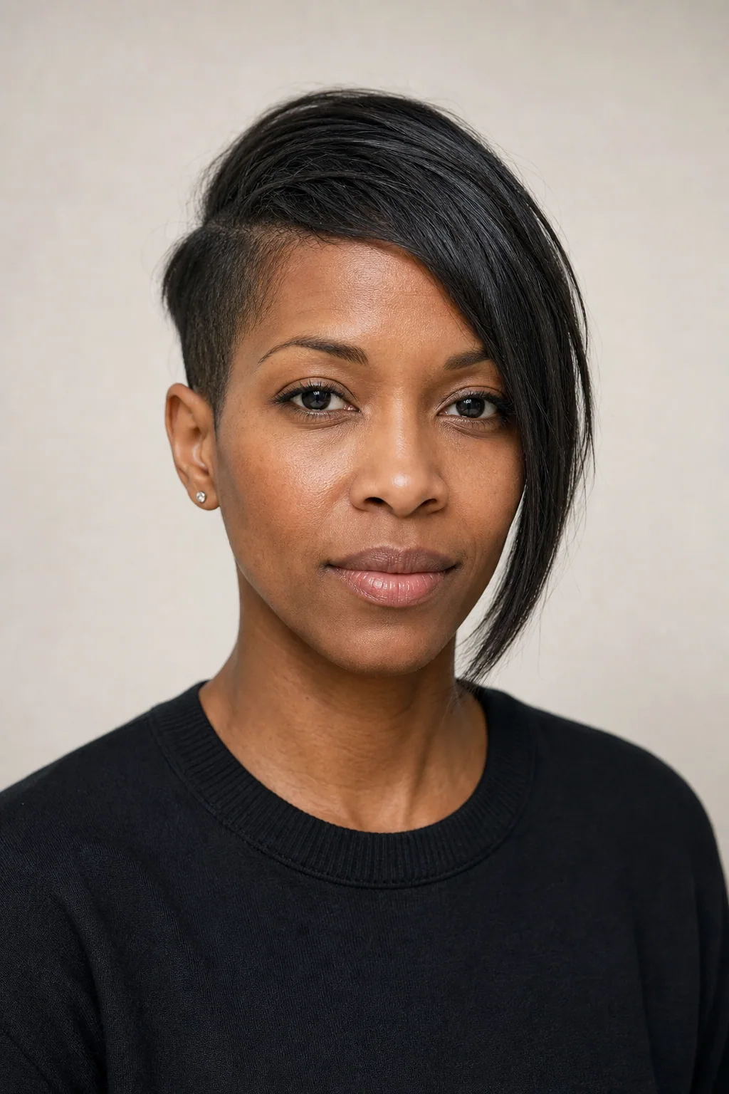 Asymmetrical pixie with one side undercut and a long swept top on fine black hair