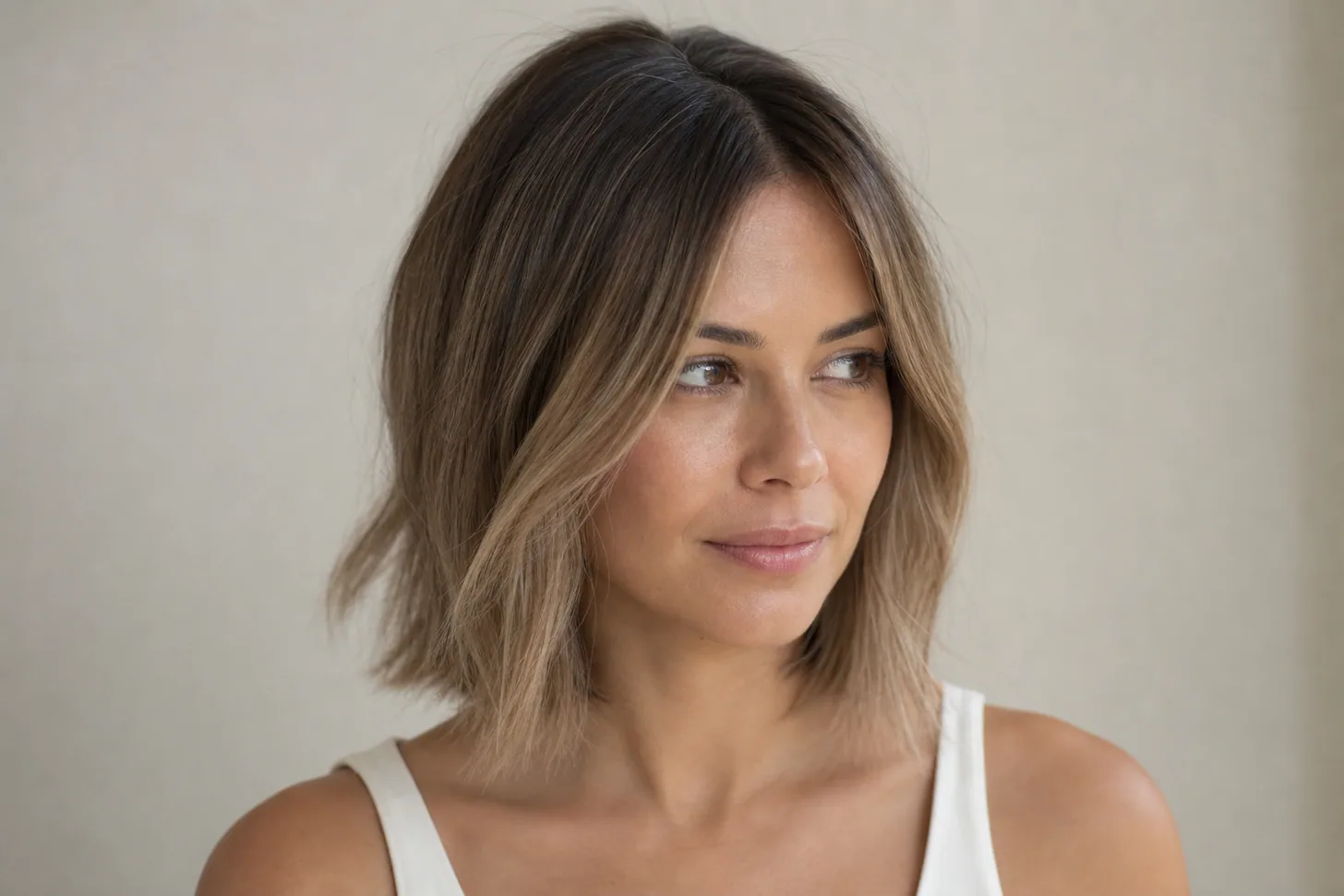 Shoulder-length fine hair with soft low-contrast bronde balayage and a deeper shadow root