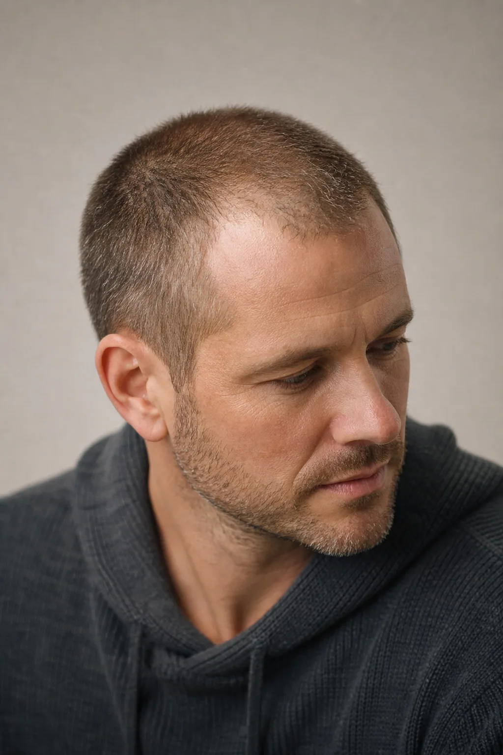Very short number 1 buzz cut on a man with thinning hair on top