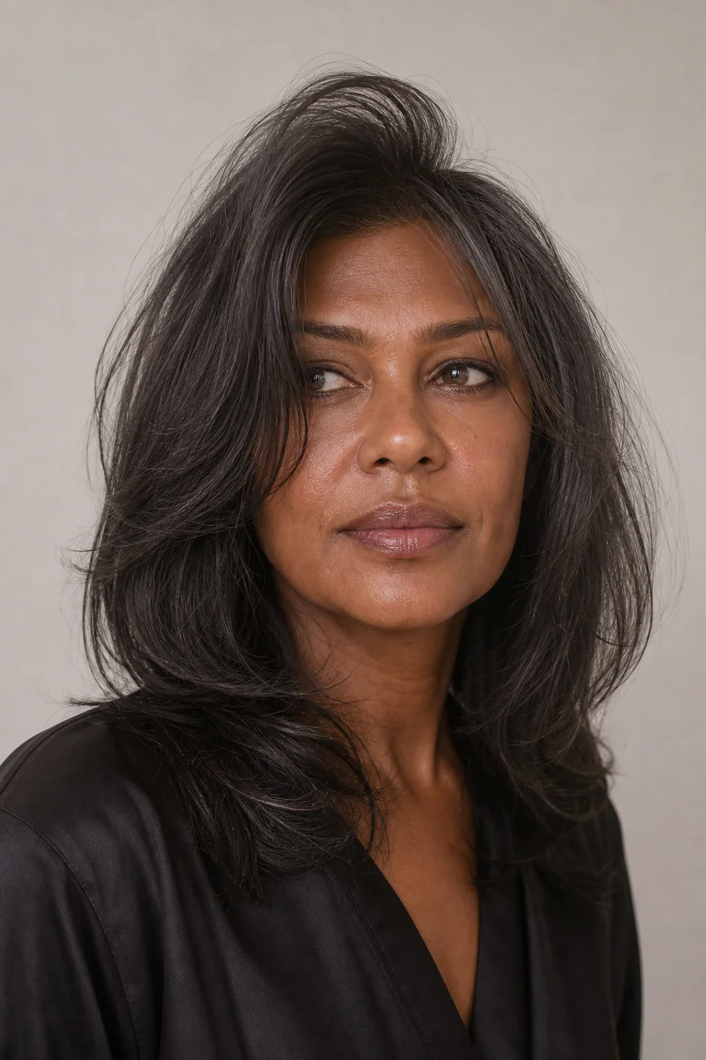 Bardot-style full curtain bangs with root lift creating a voluminous frame on fine hair