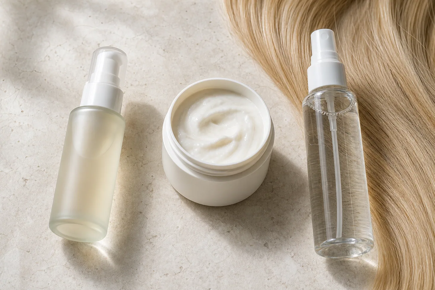 Three bond repair treatments in different formats beside a section of fine hair