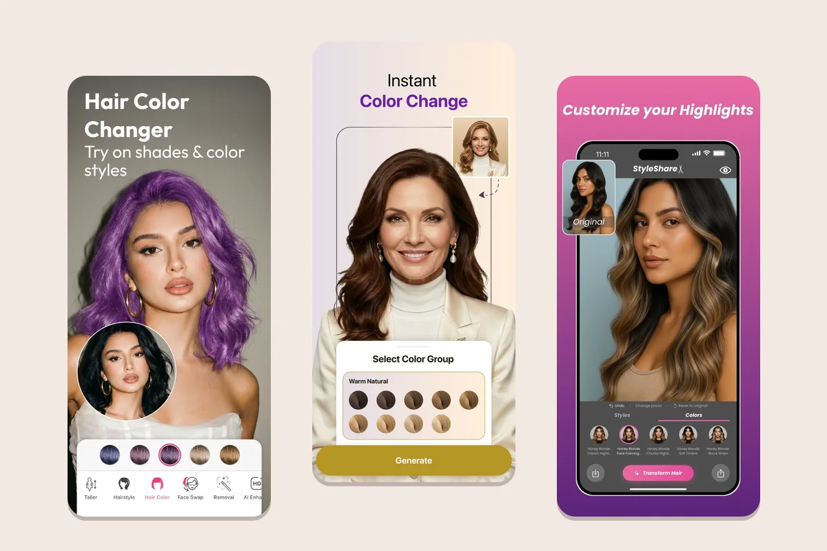 App Store screenshots of the hair color try-on screens in YouCam Makeup, HairHunt and StyleShare side by side
