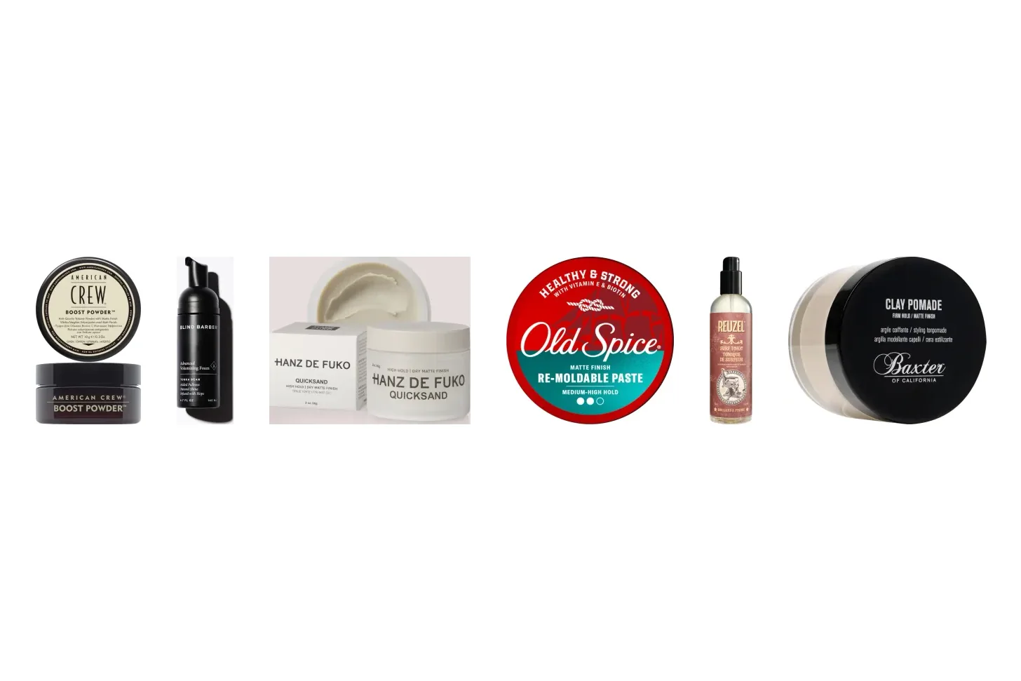 Six men's styling products for thin hair: texture powder, volumizing foam, dry paste, matte paste, sea salt spray and clay