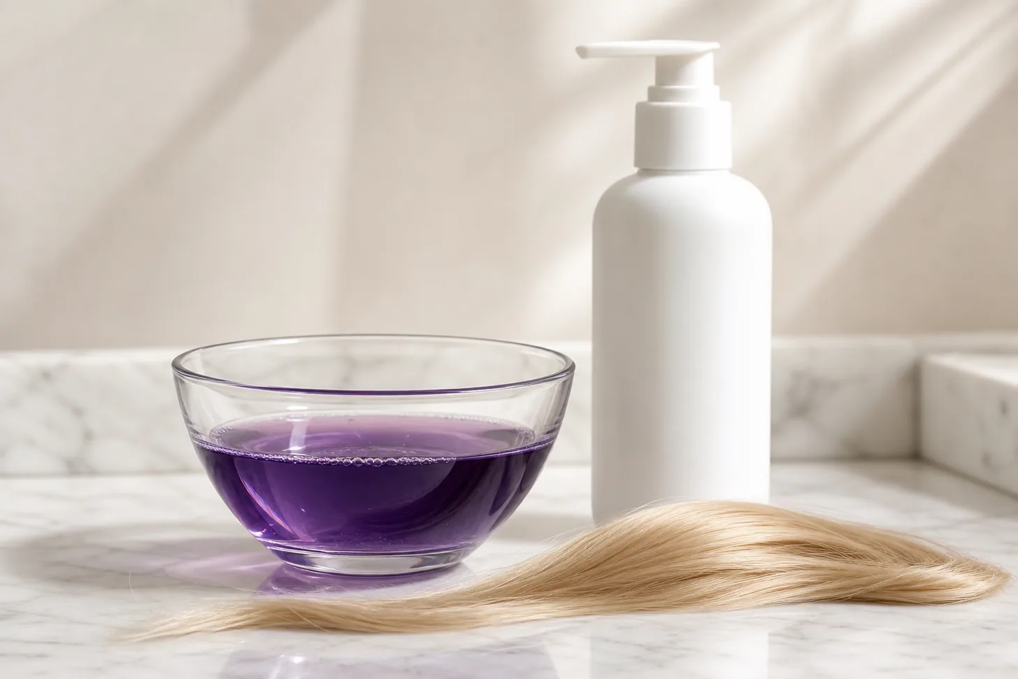 Violet toning shampoo in a glass bowl beside a strand of pale blonde fine hair