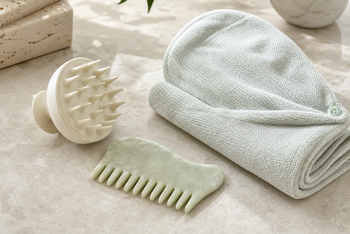 A silicone scalp brush and a smooth stone scalp tool beside a folded microfiber towel