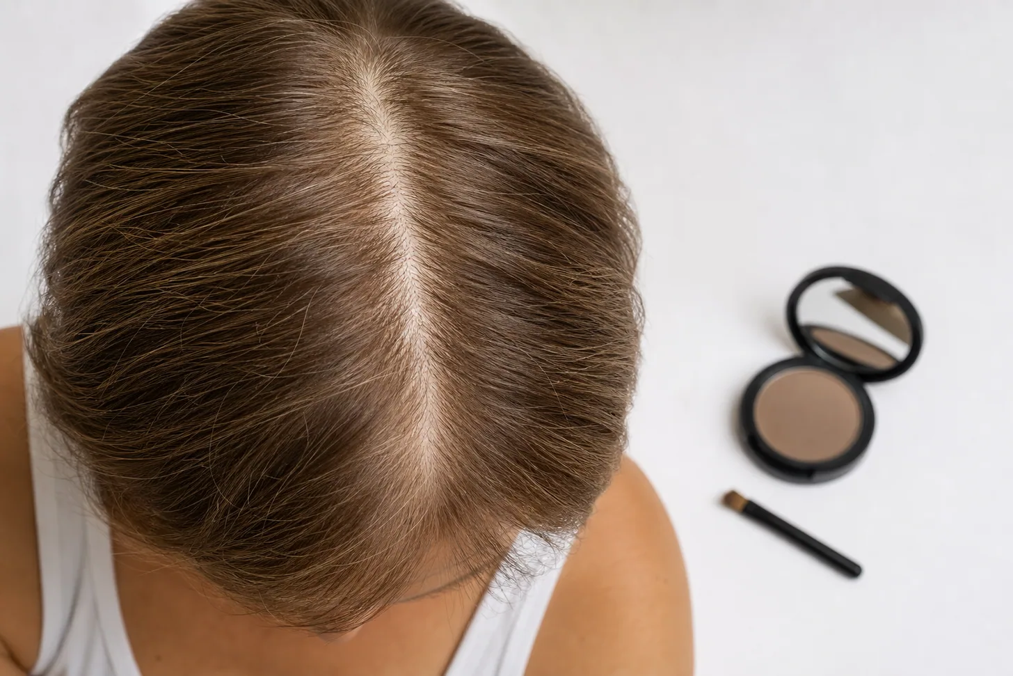 Overhead view of the part line in fine light-brown hair with a root powder compact and angled brush beside it