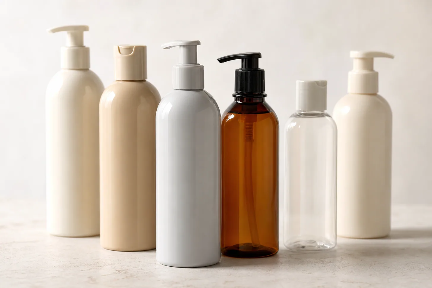 Six unbranded shampoo bottles in a row on a pale surface, representing shampoos for fine colour-treated hair