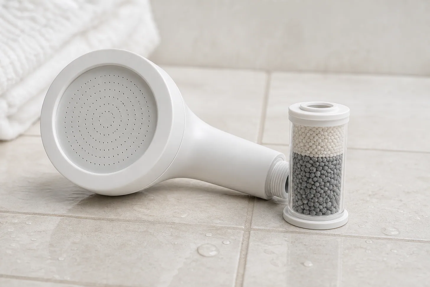 A filtered showerhead and a replacement filter cartridge on a pale tiled surface