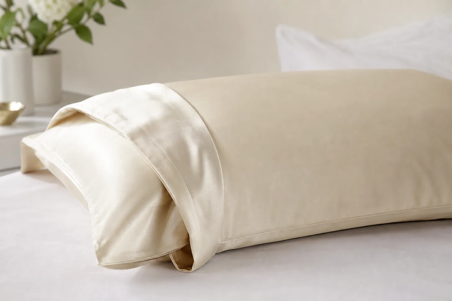 A smooth ivory silk pillowcase on a made bed with the corner turned back to show the envelope closure