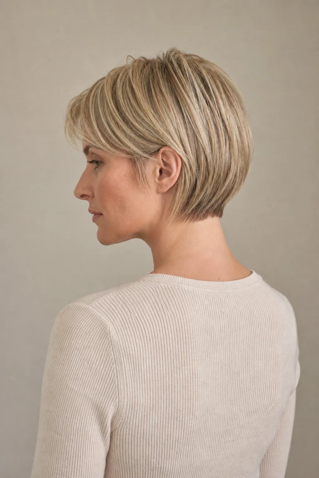 Bixie haircut with a blunt nape on fine straight ash-blond hair
