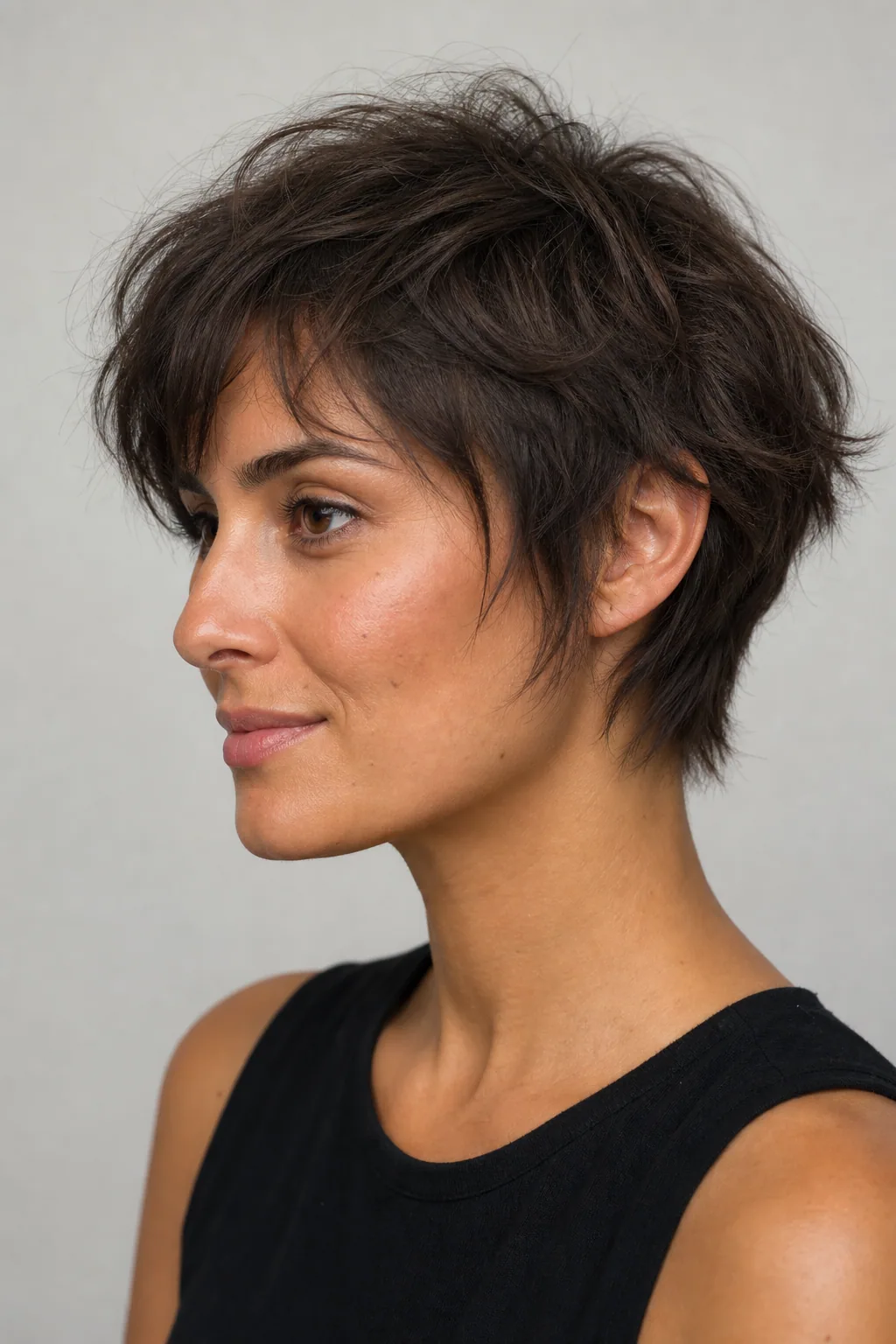 Bixie between a bob and a pixie with soft textured layers on fine thin hair