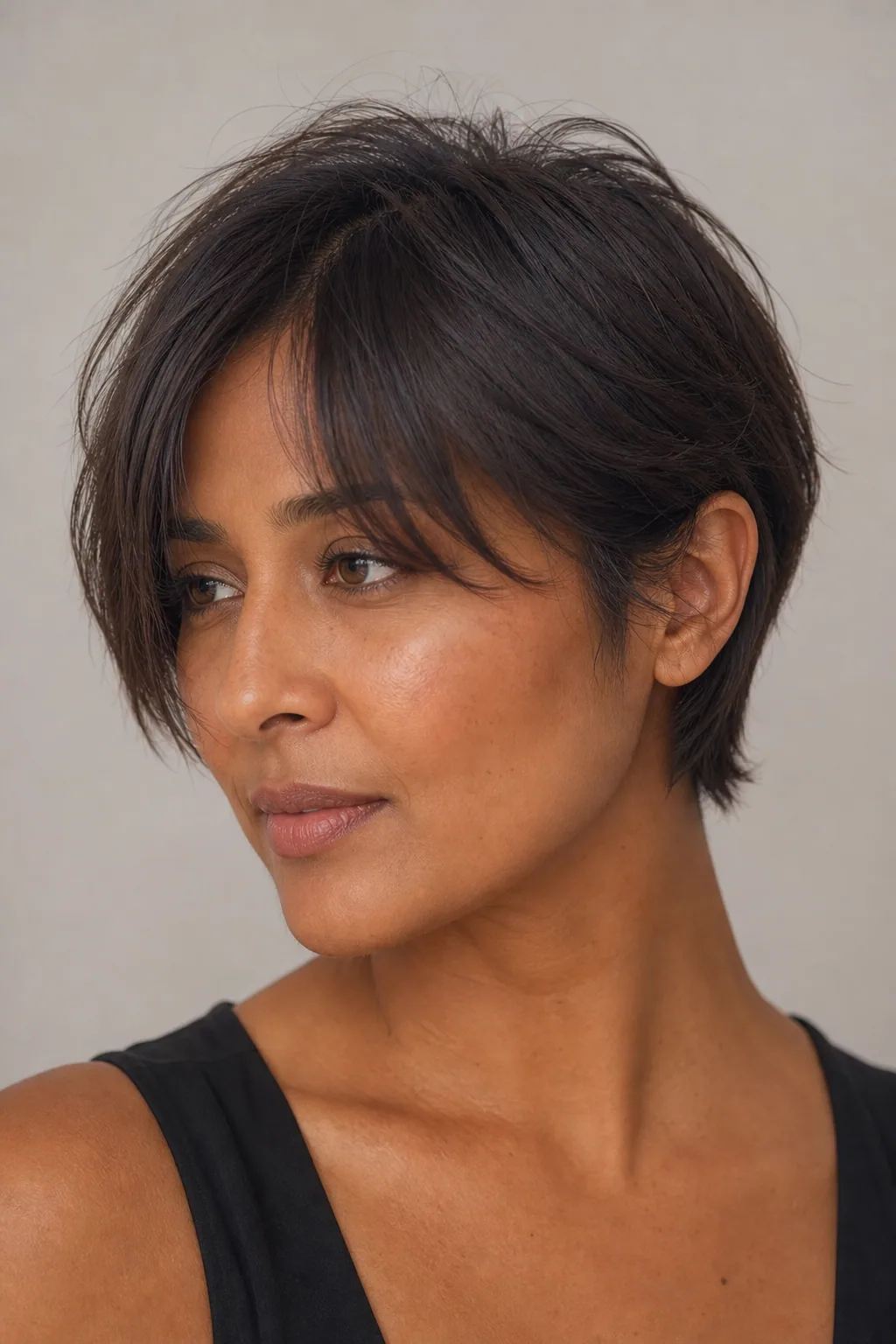 Bixie with a center-parted curtain fringe sweeping into the sides on fine hair