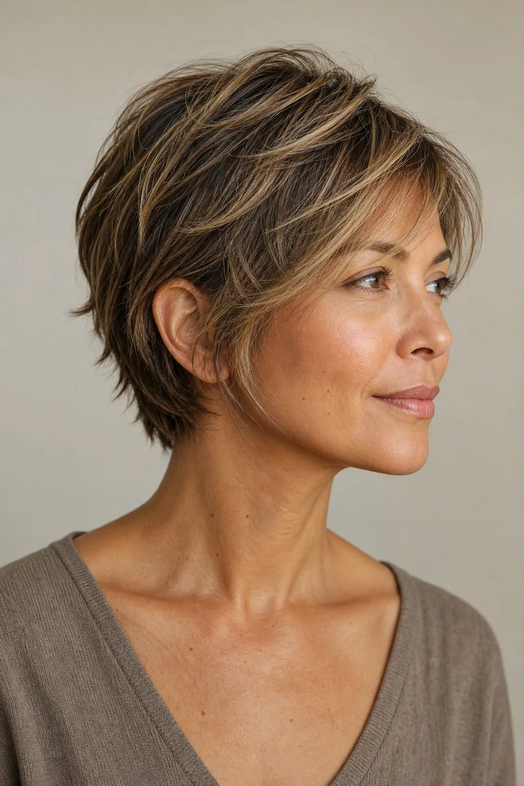 Bixie with soft dimensional highlights catching light through the crown on fine hair