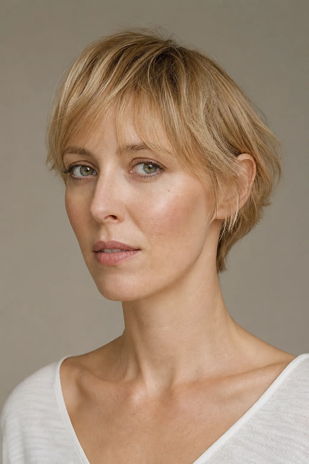 Fine hair in a bixie with a fringe and soft width at the temples on a long face, three-quarter view