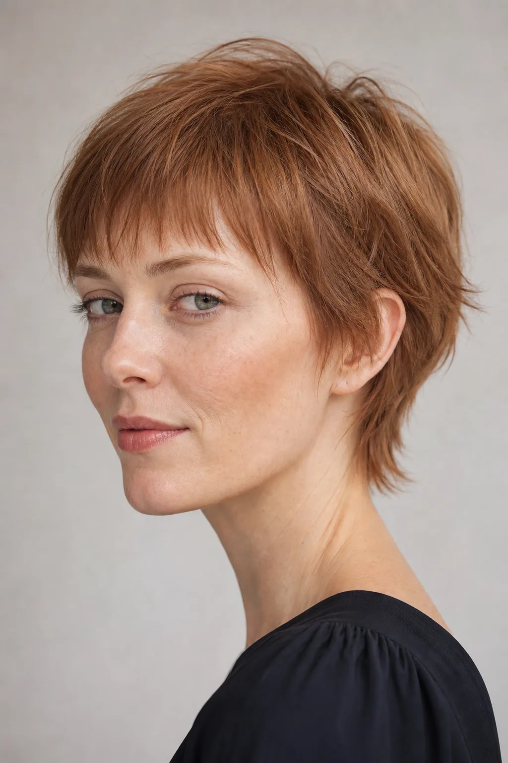 Bixie with a wispy sheer micro-fringe above the brows on fine hair