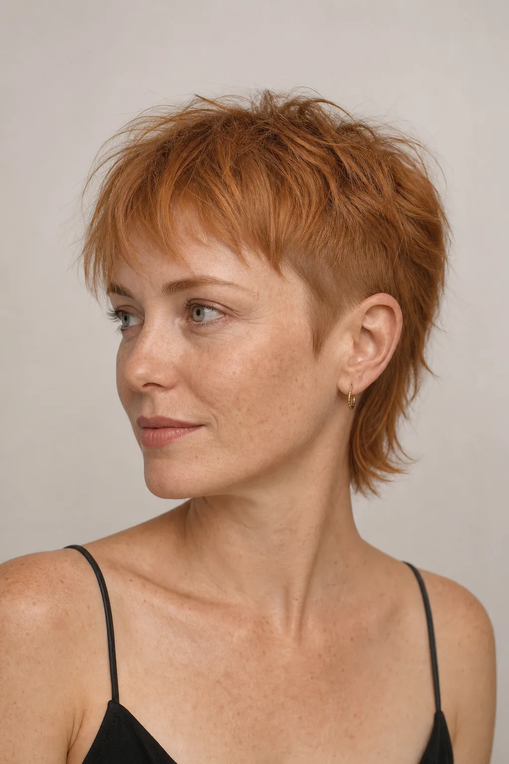 Bixie mullet on fine hair, cropped sides, textured top, soft length at the nape, three-quarter view