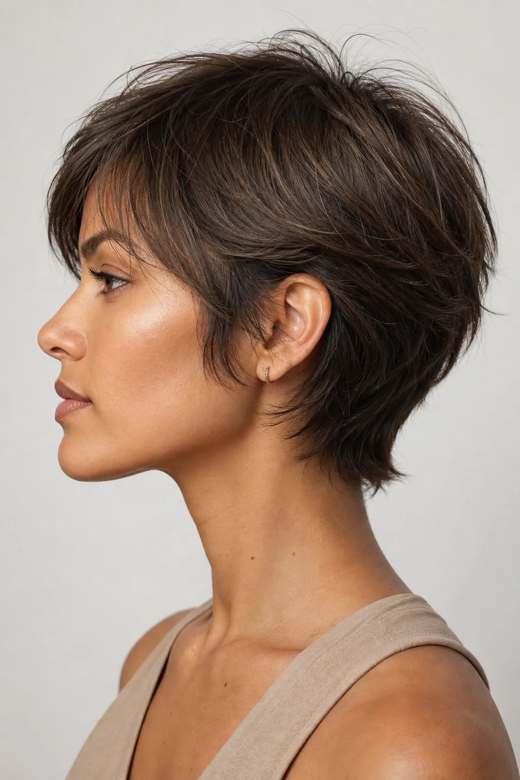 Fine hair in a bixie with soft piecey ends around the ears and lift at the crown, side profile