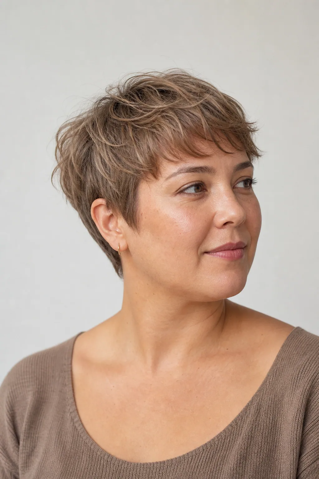Short bixie-style cut with piecey texture on top and close sides on fine wavy light-brown hair, woman with a round face