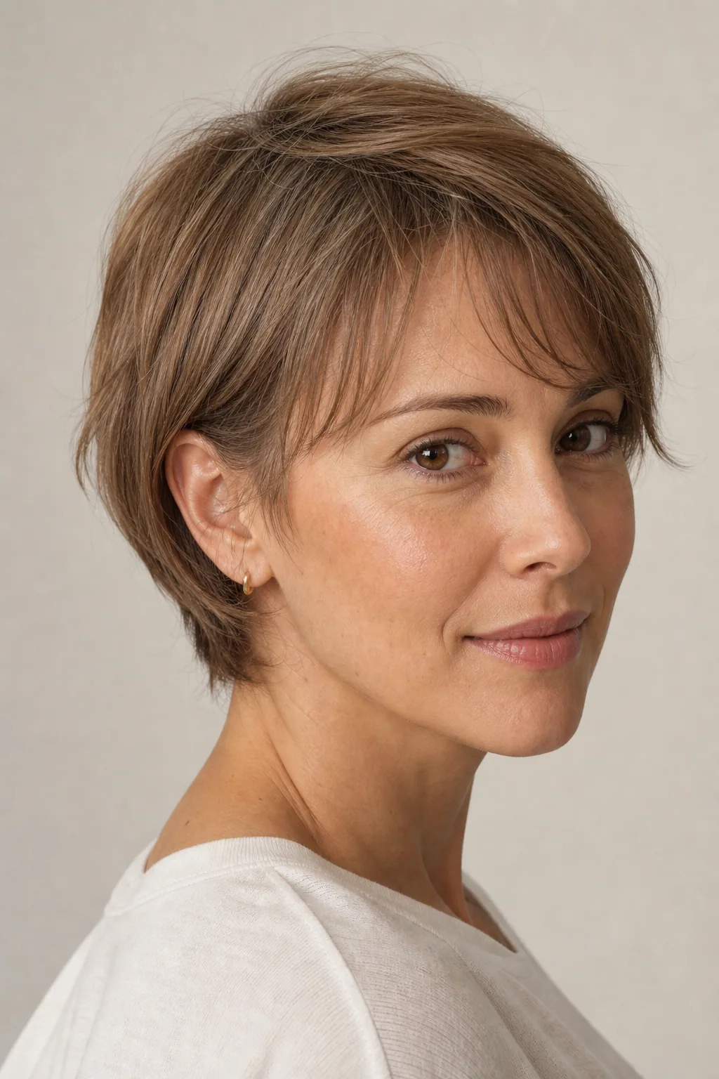 Bixie pixie-bob hybrid with length through the top and a tapered nape on fine light-brown hair, woman with an oval face