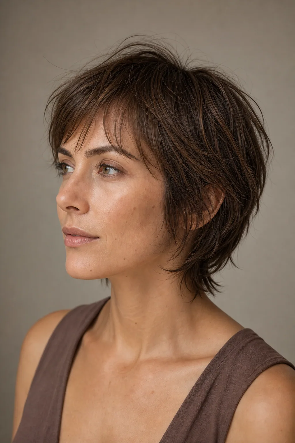 Bixie-shag crossover with shaggy crown layers and soft sideburn pieces on fine hair