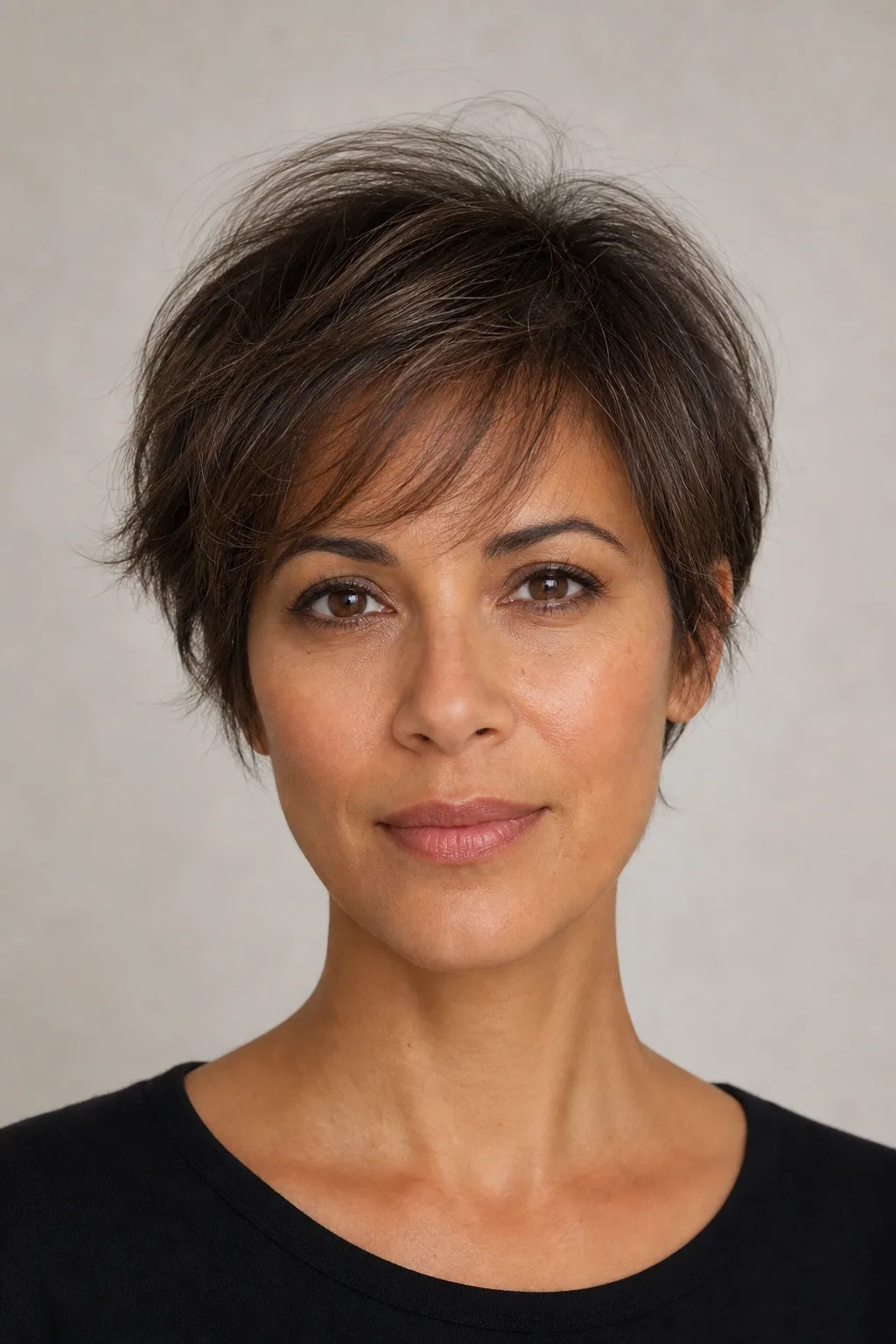 Fine hair in a bixie shape, longer through the top and crown with softly tapered sides, front view