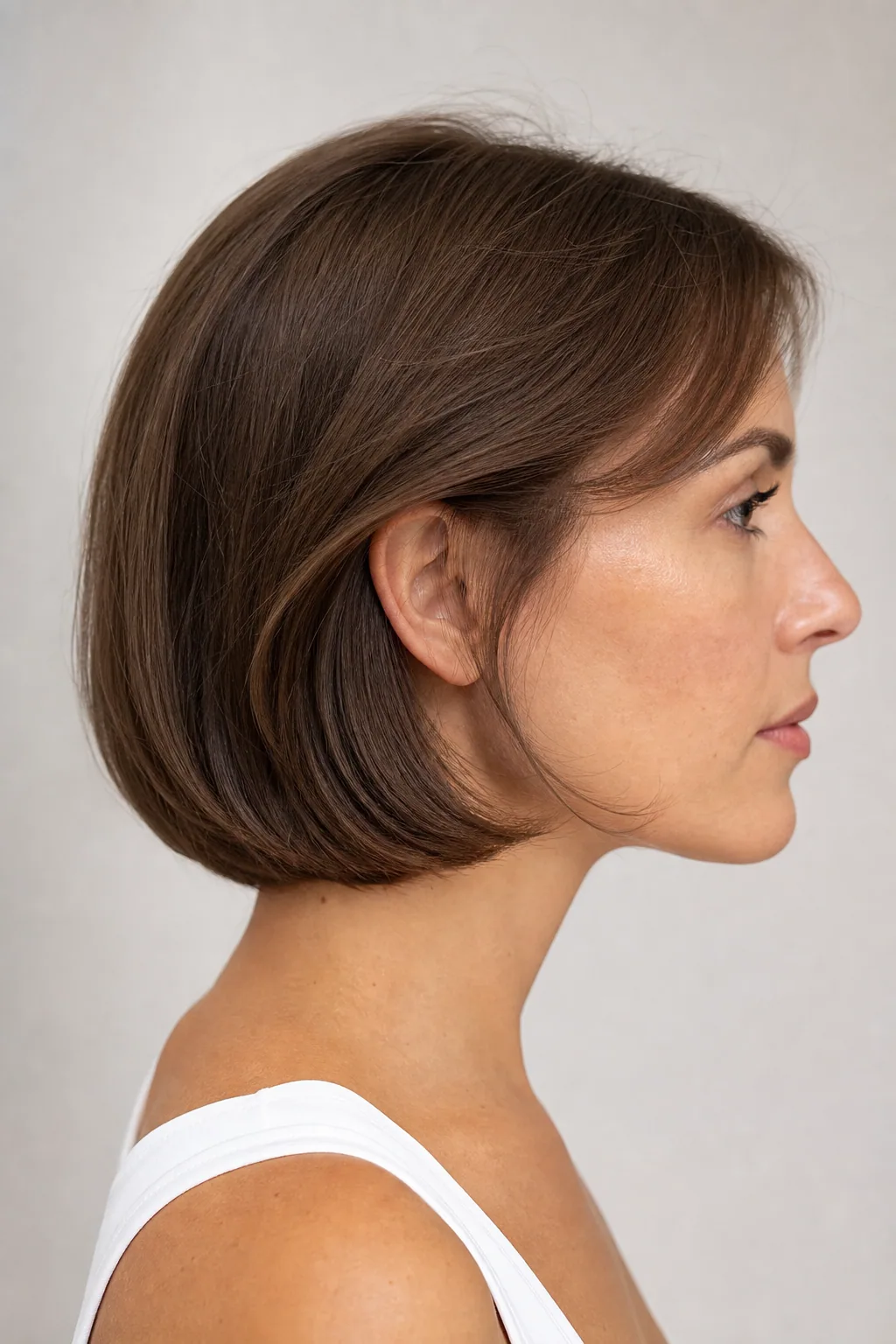Fine ear-length hair blow-dried with a soft inward bend at the jaw, smooth and turned under, side profile