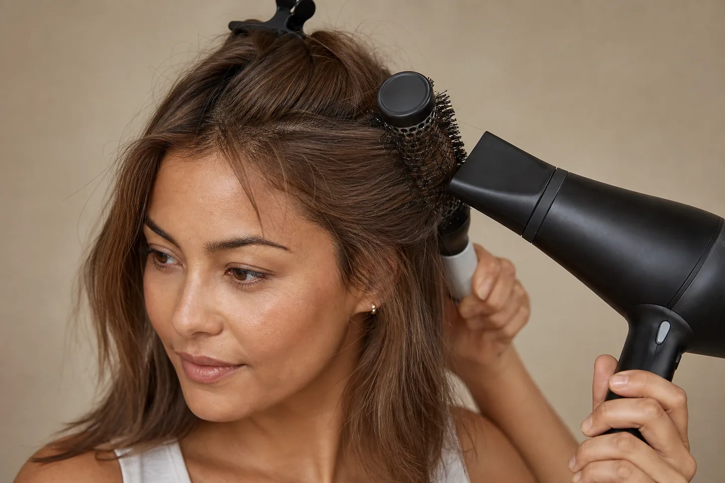 Setting a lifted section of fine hair with the cool shot while it is still wrapped on the round brush