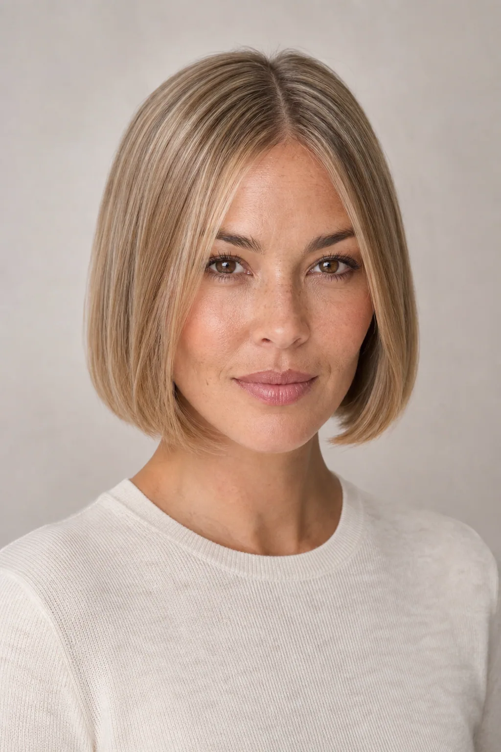 Blunt bob with the ends bent under on fine honey-blond hair