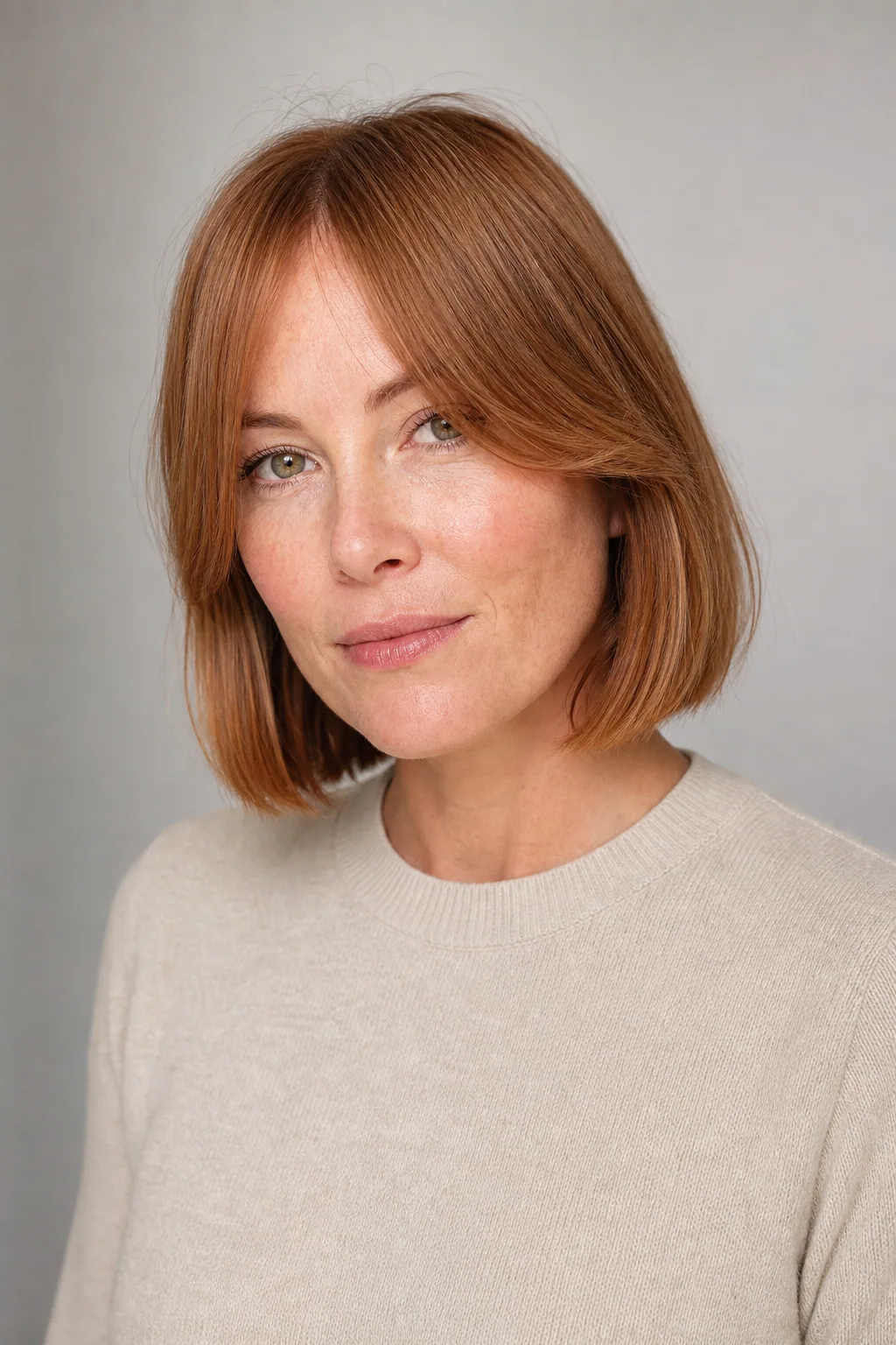 Blunt bob with curtain bangs on fine auburn hair