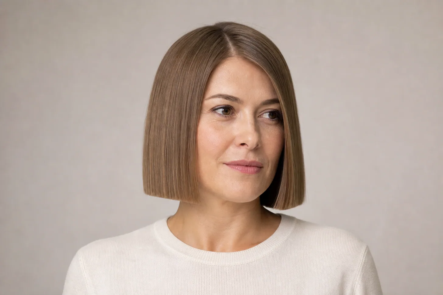 Blunt chin-length bob with a solid even hem on fine light-brown hair