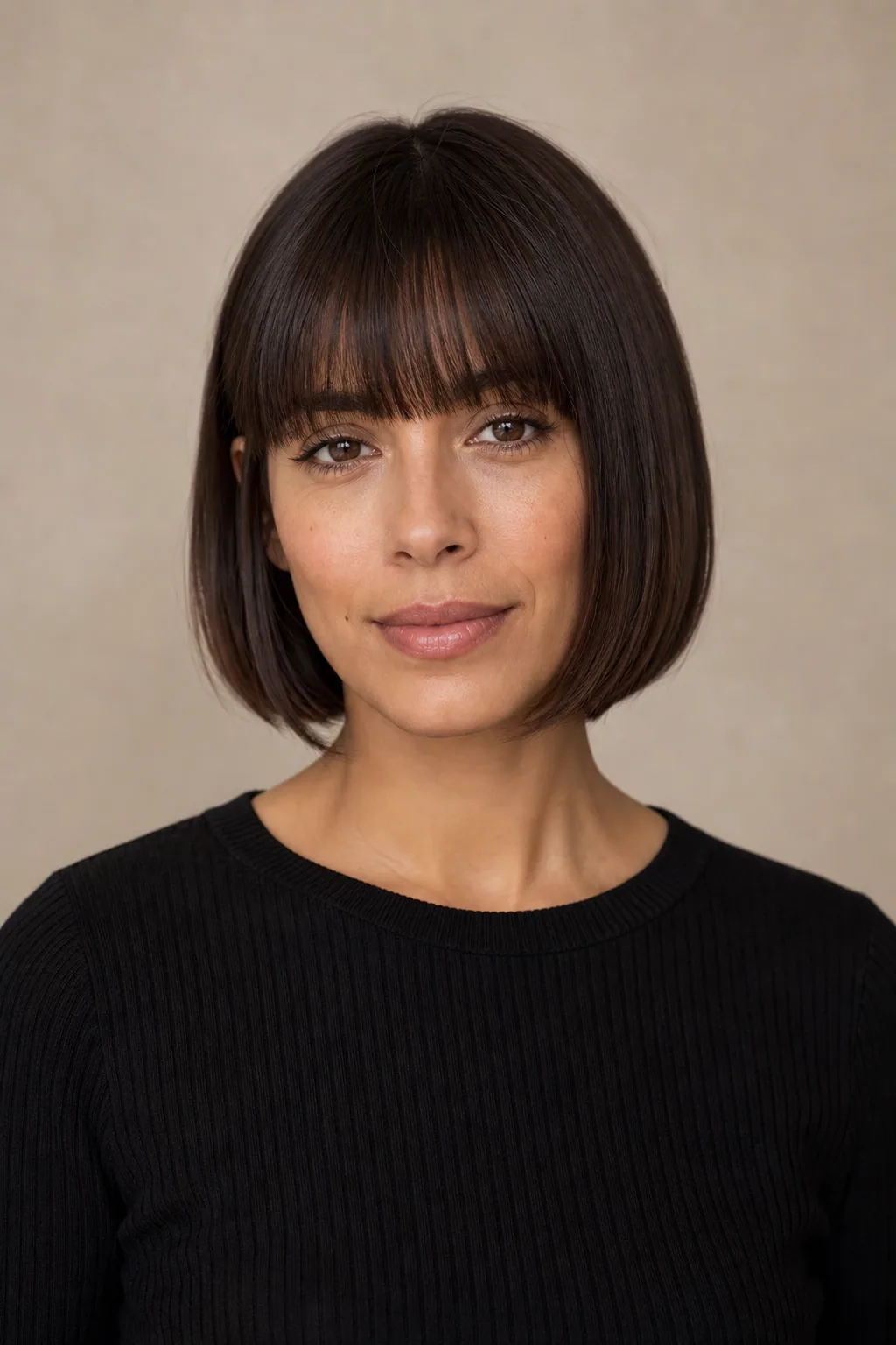 Blunt bob with a full blunt fringe on fine dark-brown hair