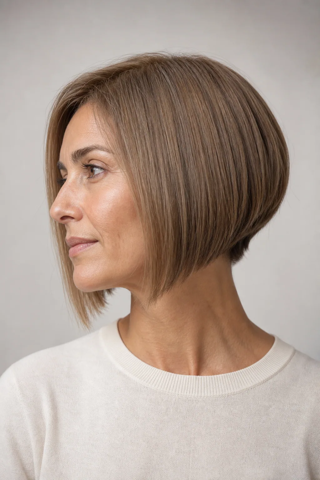 Blunt bob with a gently graduated back on fine light-brown hair