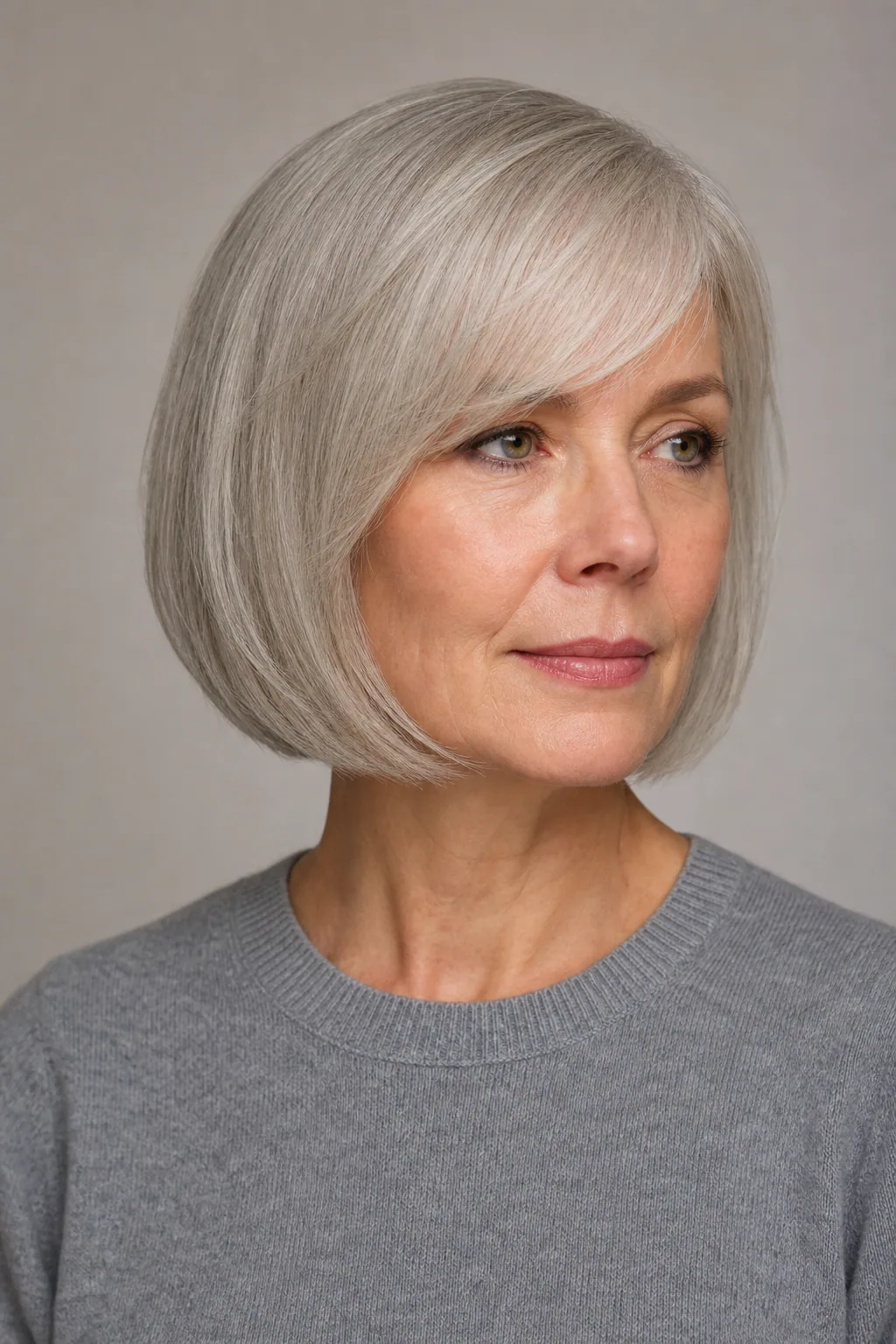Blunt bob with a side-swept fringe on fine silver hair over 50